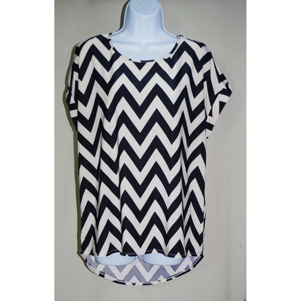 Tacera‎ Women's Large Black Tan Chevron High Low Short Sleeve Blouse Top